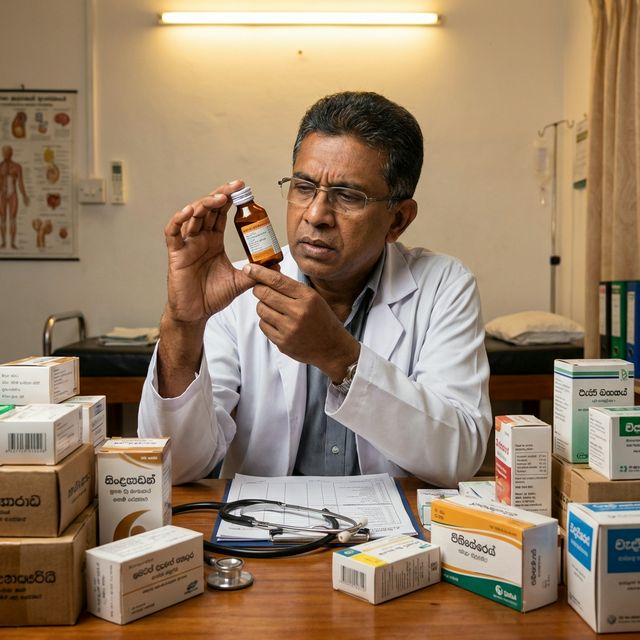 Sri Lankan doctor checking medicine expiry date in clinic