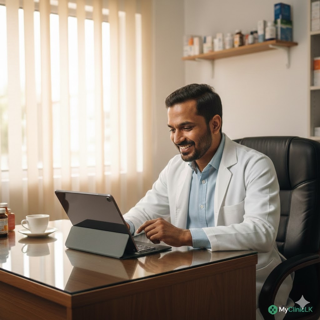 Happy Sri Lankan doctor using MyClinicLK digital inventory management system on tablet in modern clinic office, demonstrating efficient medicine tracking